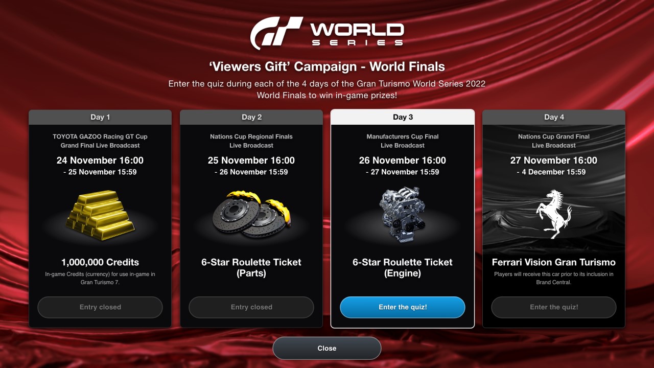 Gran Turismo 7 2022 World Finals 4-day Giveaway of Prizes